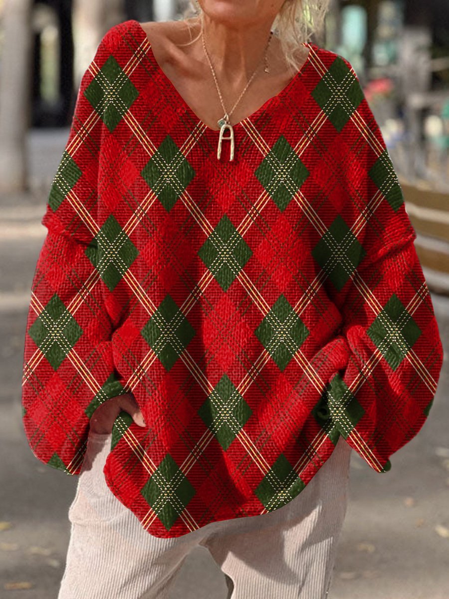 Christmas Color Plaid Pattern Printed Casual Pullover Sweater