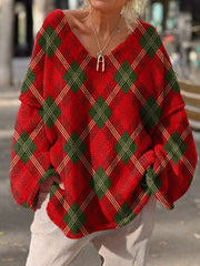 Christmas Color Plaid Pattern Printed Casual Pullover Sweater
