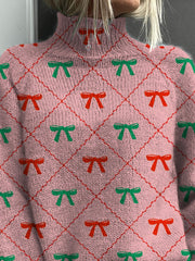 Lovely Christmas Ribbon Pattern Printed Knit Turtleneck Pullover Sweater