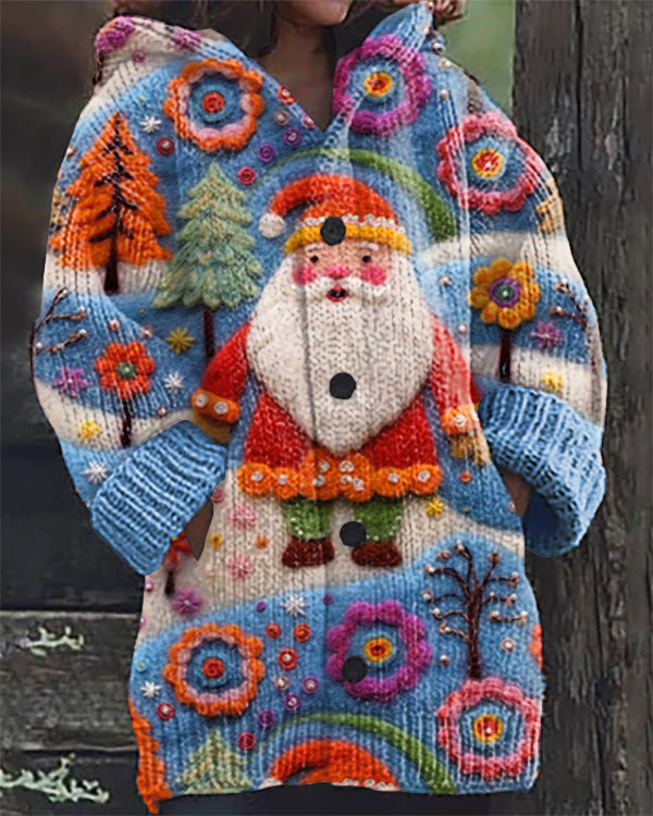 Christmas Santa Claus Embroidery Print Casual Hooded Cardigan