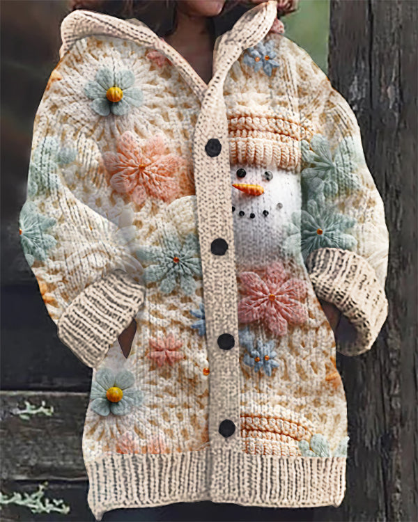 Christmas Snowman Print Casual Hooded Cardigan