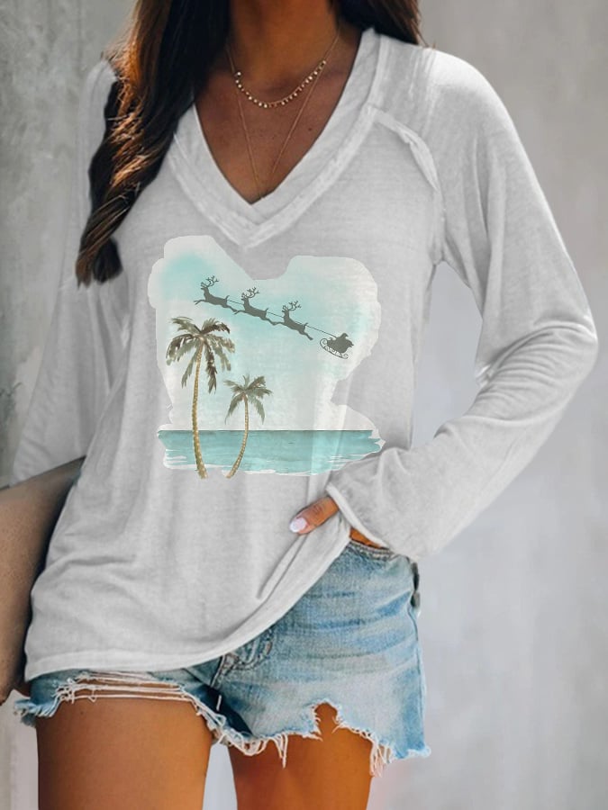 V-neck Retro Florida Merry Christmas Beach Palm Tree Print T-Shirt