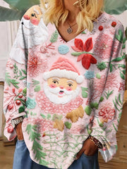 Women's Santa Christmas Printed V Neck Top