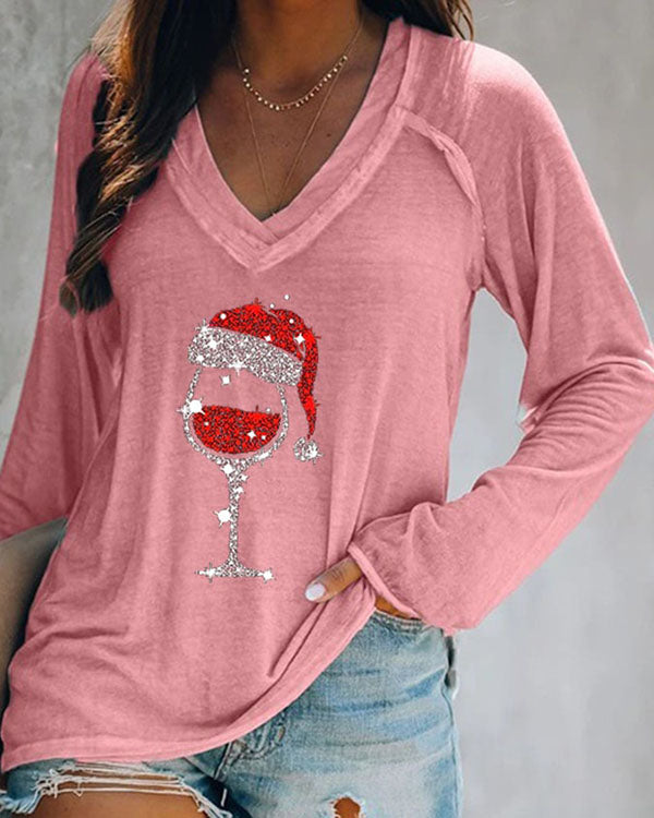 Christmas Wine Glass Print V-neck Long-sleeve Top