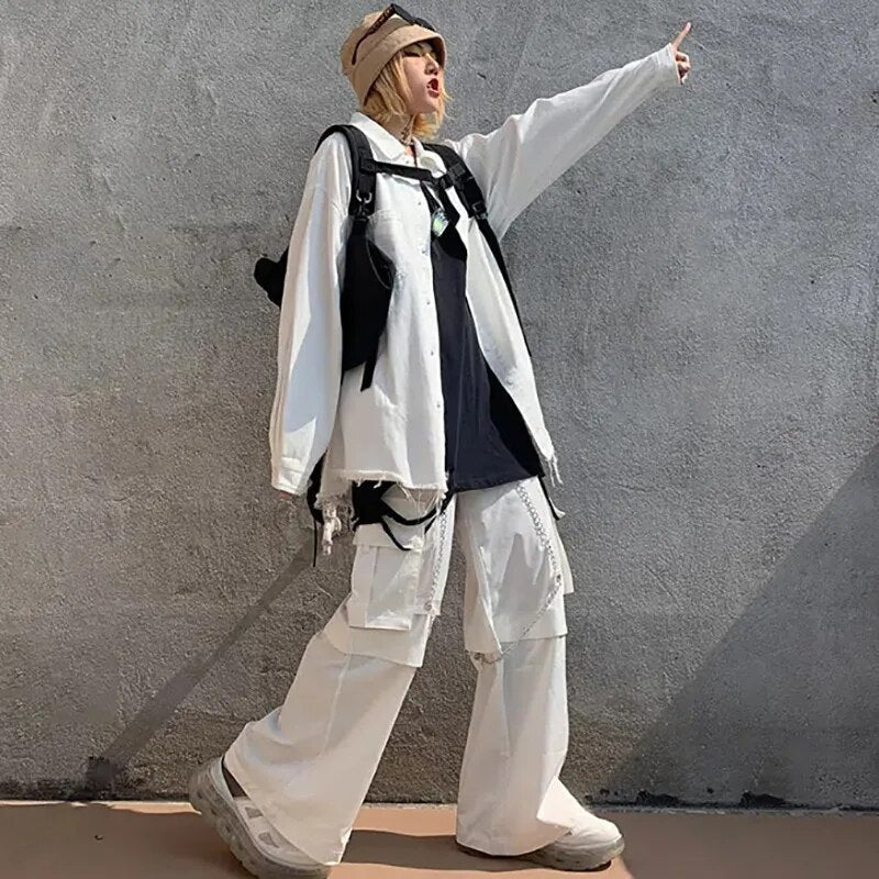 Summer Chic: Women's Chain Cargo Pants - Y2k Korean Style, High-waist, White Trousers