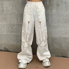 Summer Chic: Women's Chain Cargo Pants - Y2k Korean Style, High-waist, White Trousers