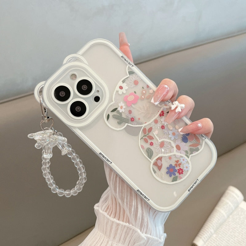 Cartoon bear bracelet soft silicone Phone Case for iPhone flower Cover