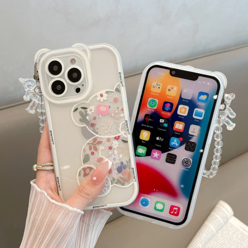 Cartoon bear bracelet soft silicone Phone Case for iPhone flower Cover