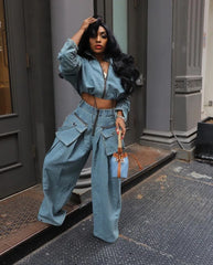 Ava Wide Leg Denim Pants Set