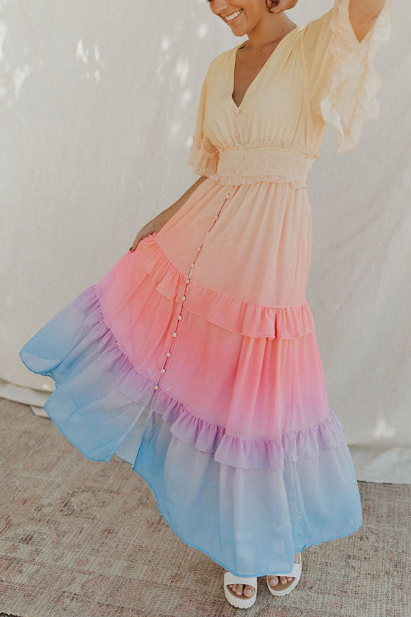 Ombre Sunset Ruffles Maxi Dress