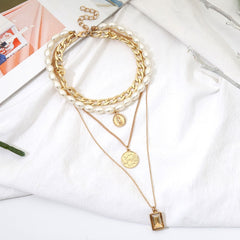 Coin Multi Layer Pearl Choker Necklace