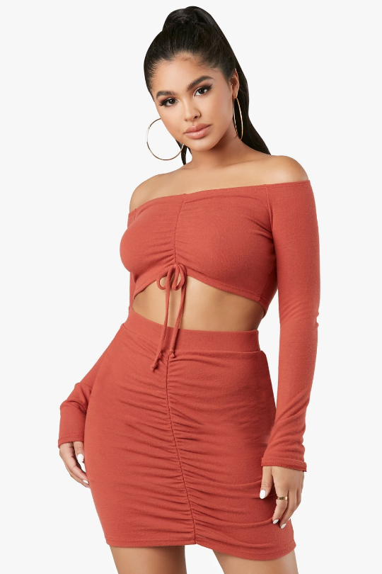 Do or Dye Off Shoulder Crop Top Set - Rust