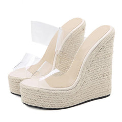 Clear Strap Raffia Wedges