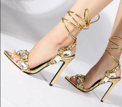 Golden Ankle Lace-Up High Heels
