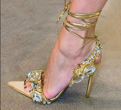 Golden Ankle Lace-Up High Heels