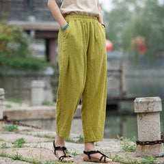 Women's Spring Vintage-inspired Cotton Linen Solid Color Elastic Waistband Pencil Pants