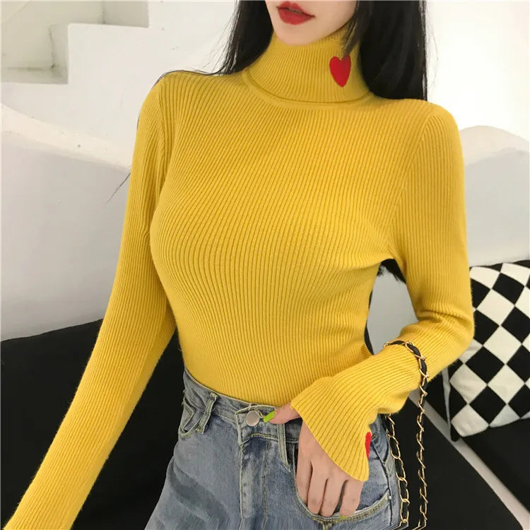 Women's Pullovers Heart Embroidery Turtleneck Sweater Tops