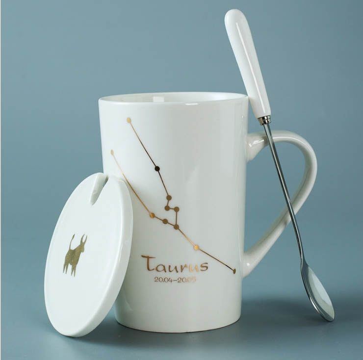 Ceramic Mugs Constellations Creative Glass with Spoon Lid Black and Gold Porcelain