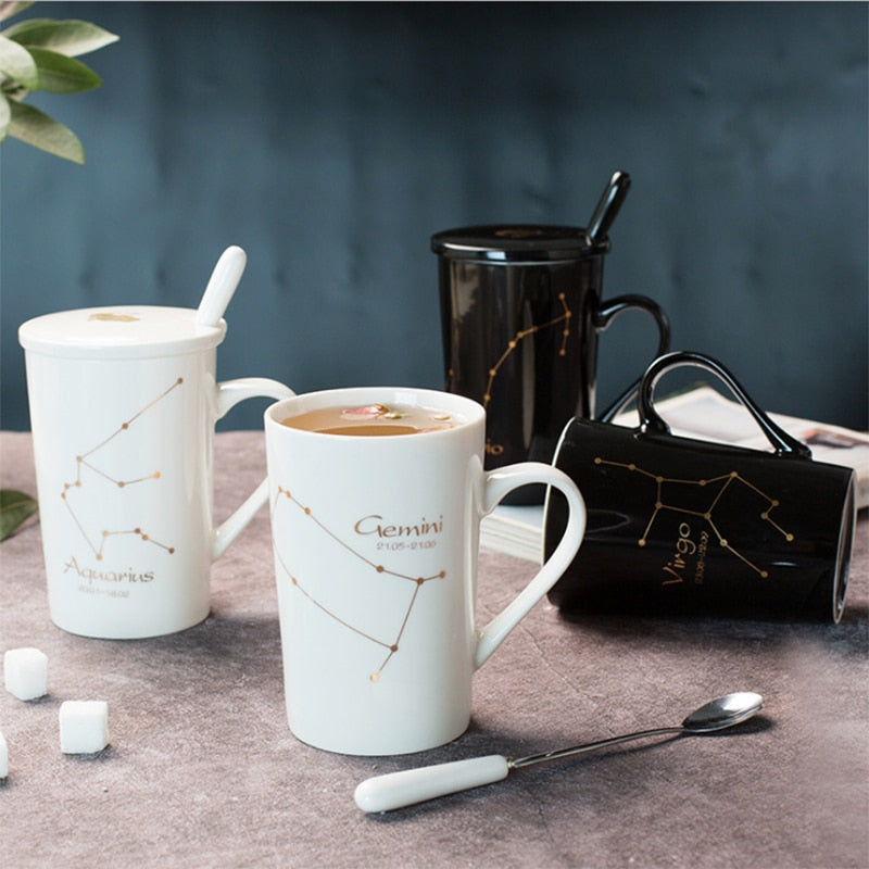 Ceramic Mugs Constellations Creative Glass with Spoon Lid Black and Gold Porcelain