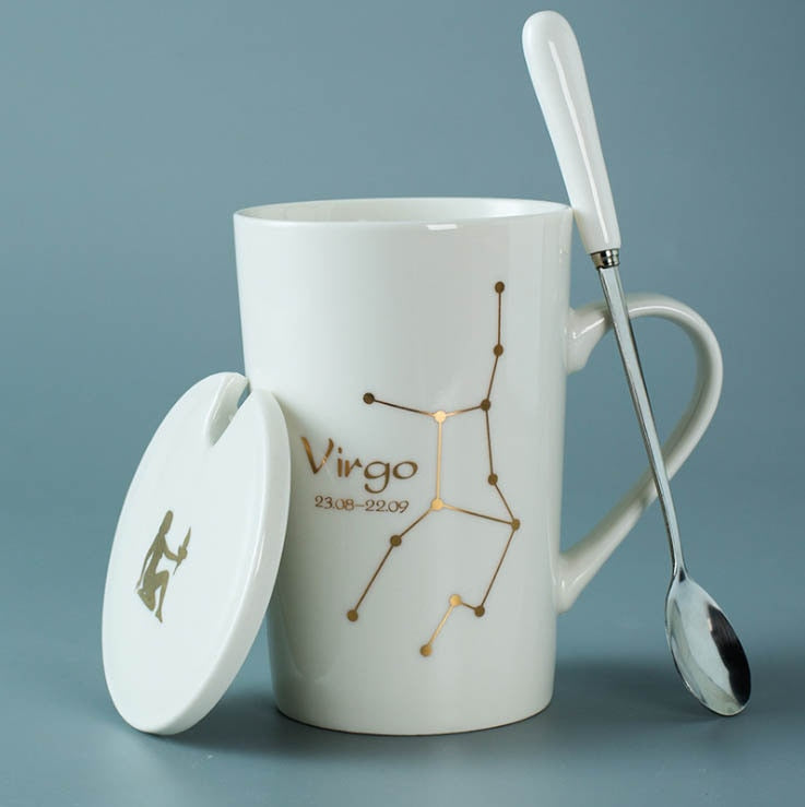 Ceramic Mugs Constellations Creative Glass with Spoon Lid Black and Gold Porcelain