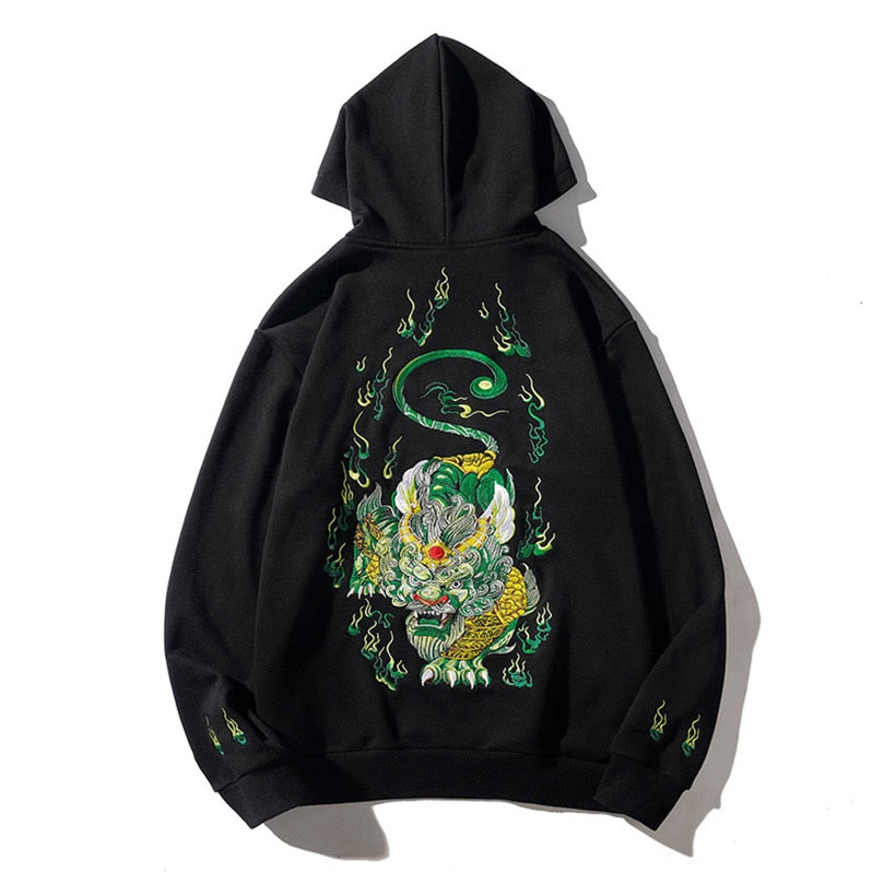 Streetwear Male Emerald Tiger Embroidery Luxury Loose Hoodies