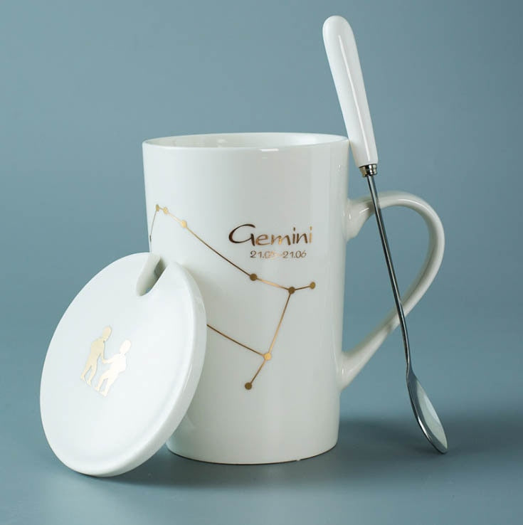 Ceramic Mugs Constellations Creative Glass with Spoon Lid Black and Gold Porcelain