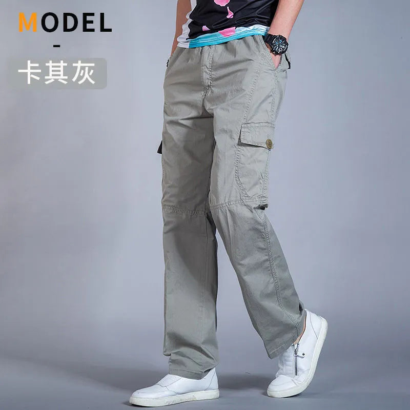 Loose Straight Oversize Men's Cargo Pants Black Cotton Casual Trousers