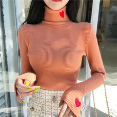 Women's Pullovers Heart Embroidery Turtleneck Sweater Tops