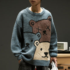 Men Winter Cartoon Bear Sweater Cozy Knitted Pullover with Long Sleeves