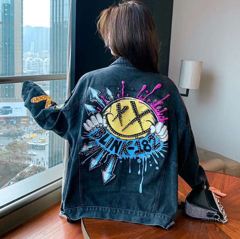 2024 Letter Denim Jacket for Women Vintage Hip Hop Style