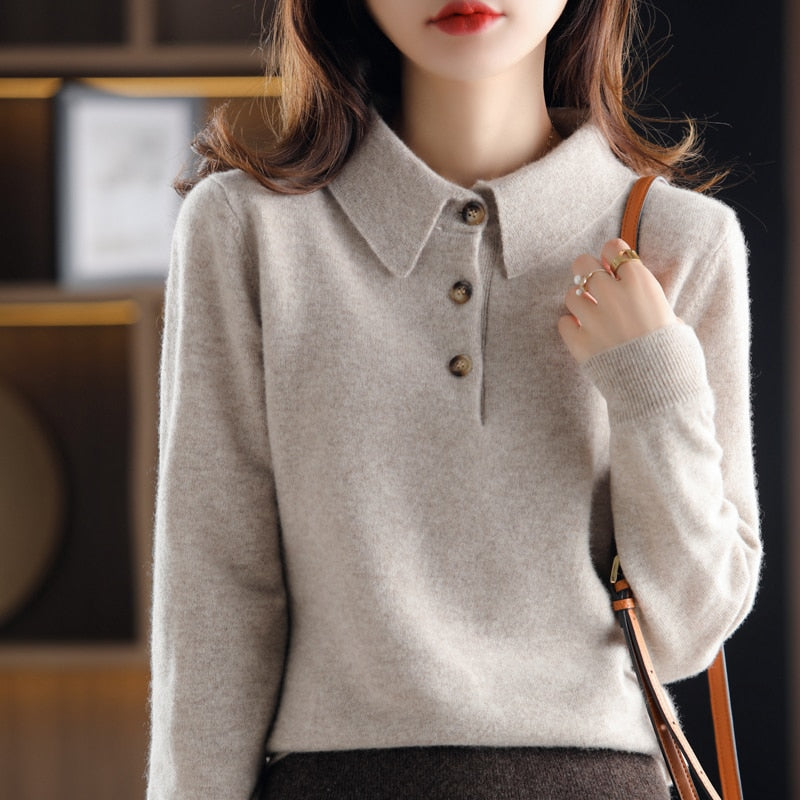 Cashmere Sweater  Knitted Pullover Fall Winter Lapel Base Shirt Pure Wool  Women Loose Top