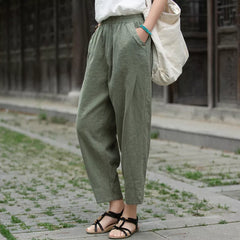 Women's Spring Vintage-inspired Cotton Linen Solid Color Elastic Waistband Pencil Pants