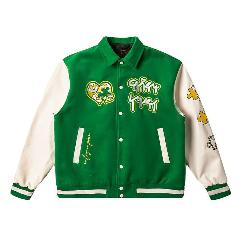 Men Vintage Puzzle Print College Bomber Jacket Loose