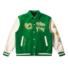 Men Vintage Puzzle Print College Bomber Jacket Loose