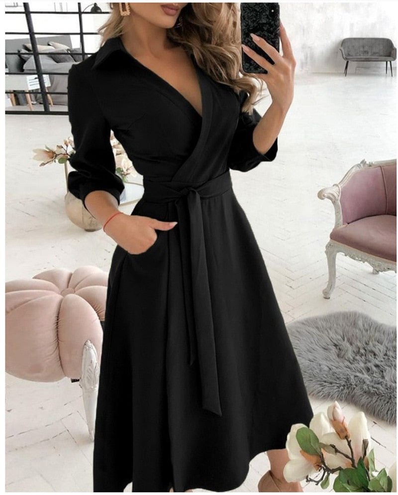 Lace Up Midi Dress Sleeve A-line Patchwork Dresses For Women Summer Lady V-neck Tunic