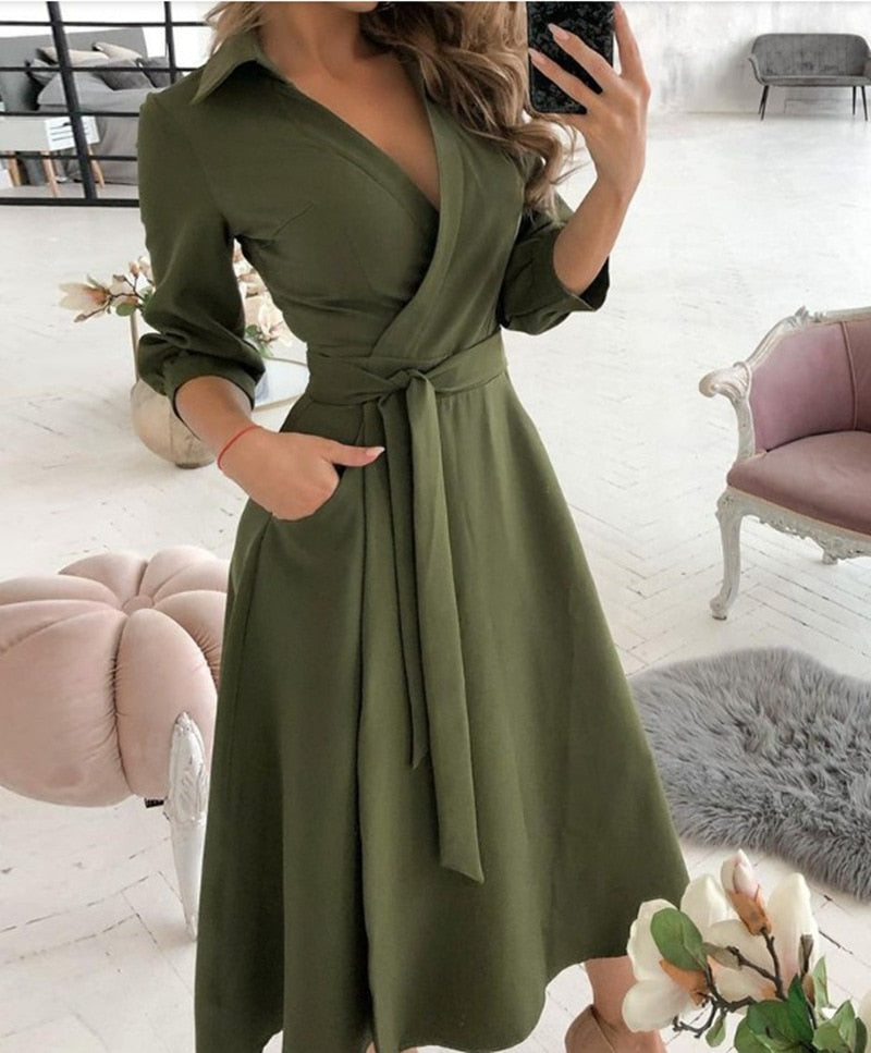 Lace Up Midi Dress Sleeve A-line Patchwork Dresses For Women Summer Lady V-neck Tunic