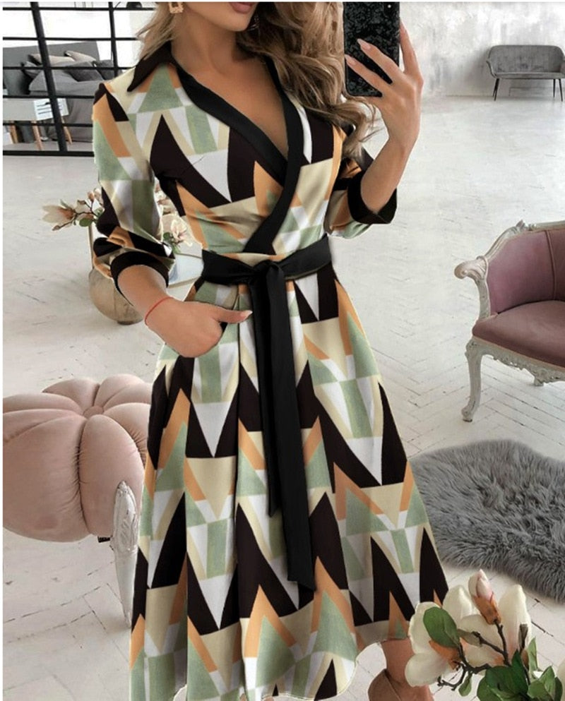 Lace Up Midi Dress Sleeve A-line Patchwork Dresses For Women Summer Lady V-neck Tunic