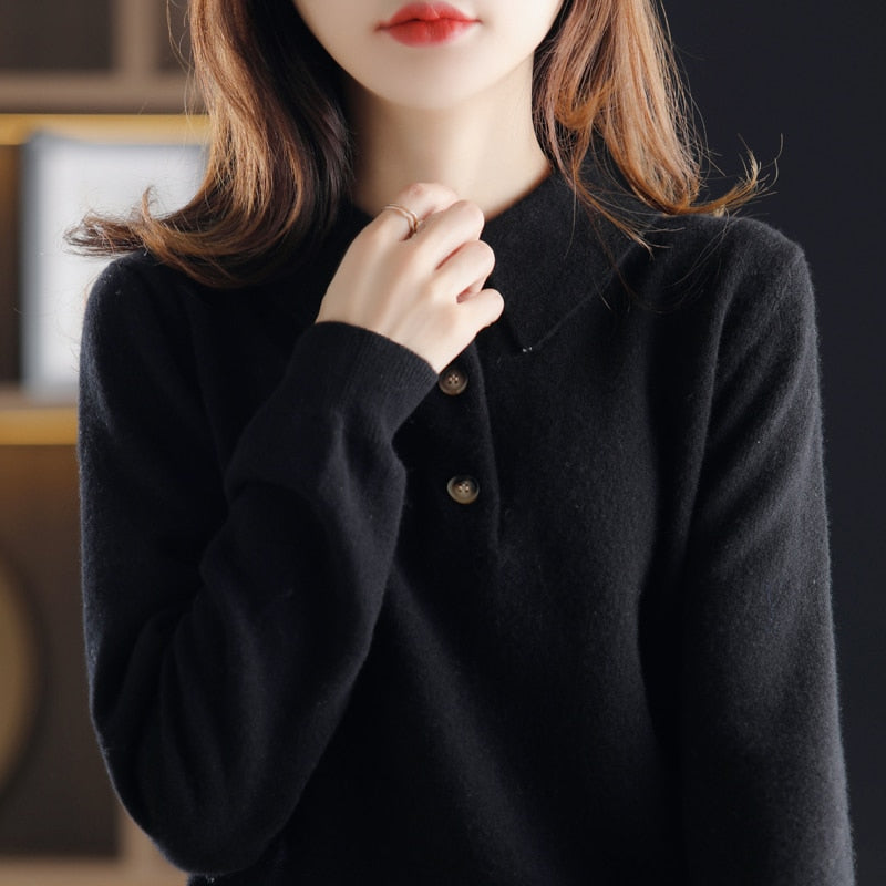 Cashmere Sweater  Knitted Pullover Fall Winter Lapel Base Shirt Pure Wool  Women Loose Top