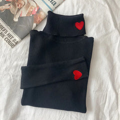 Women's Pullovers Heart Embroidery Turtleneck Sweater Tops
