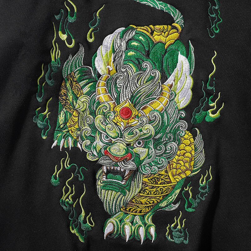 Streetwear Male Emerald Tiger Embroidery Luxury Loose Hoodies