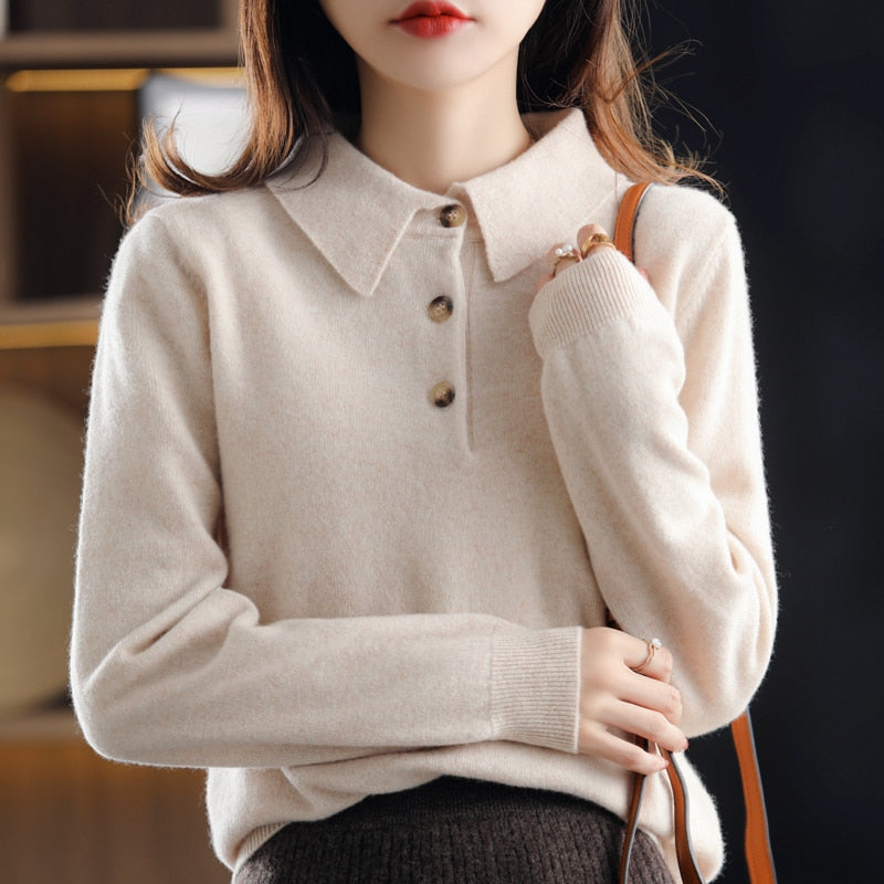 Cashmere Sweater  Knitted Pullover Fall Winter Lapel Base Shirt Pure Wool  Women Loose Top