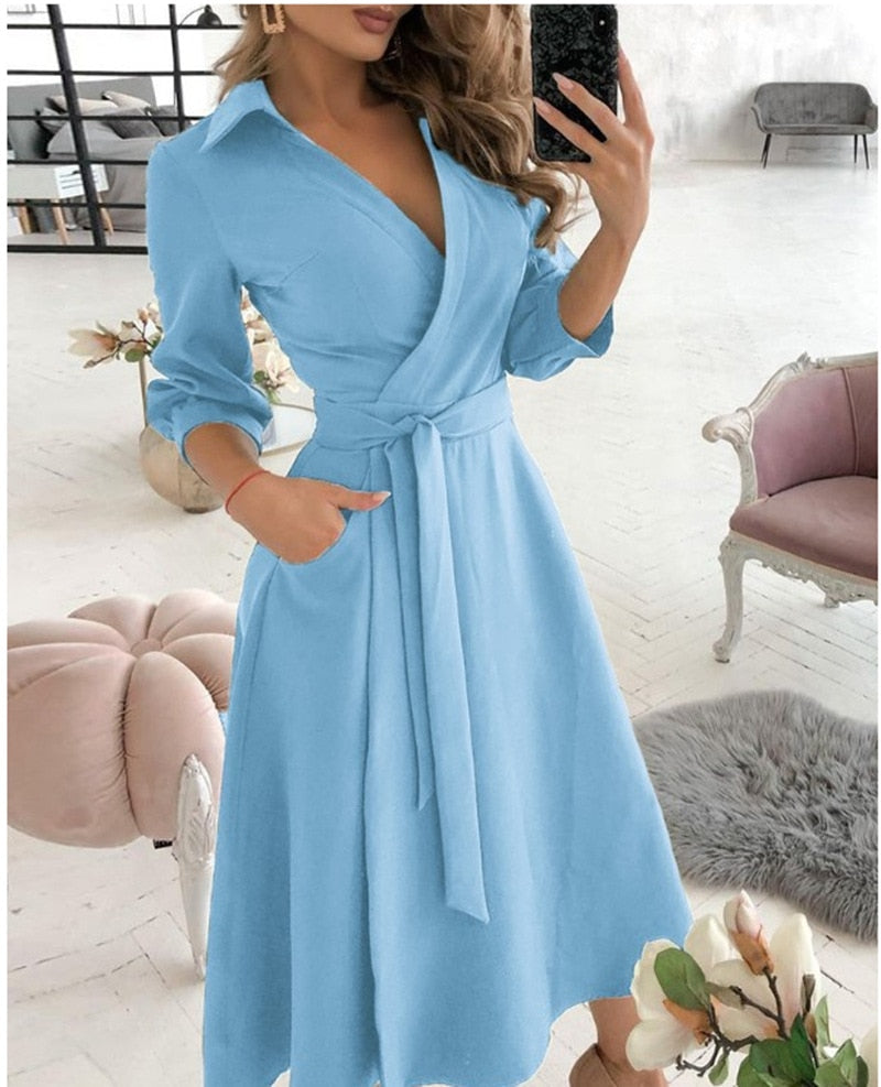 Lace Up Midi Dress Sleeve A-line Patchwork Dresses For Women Summer Lady V-neck Tunic