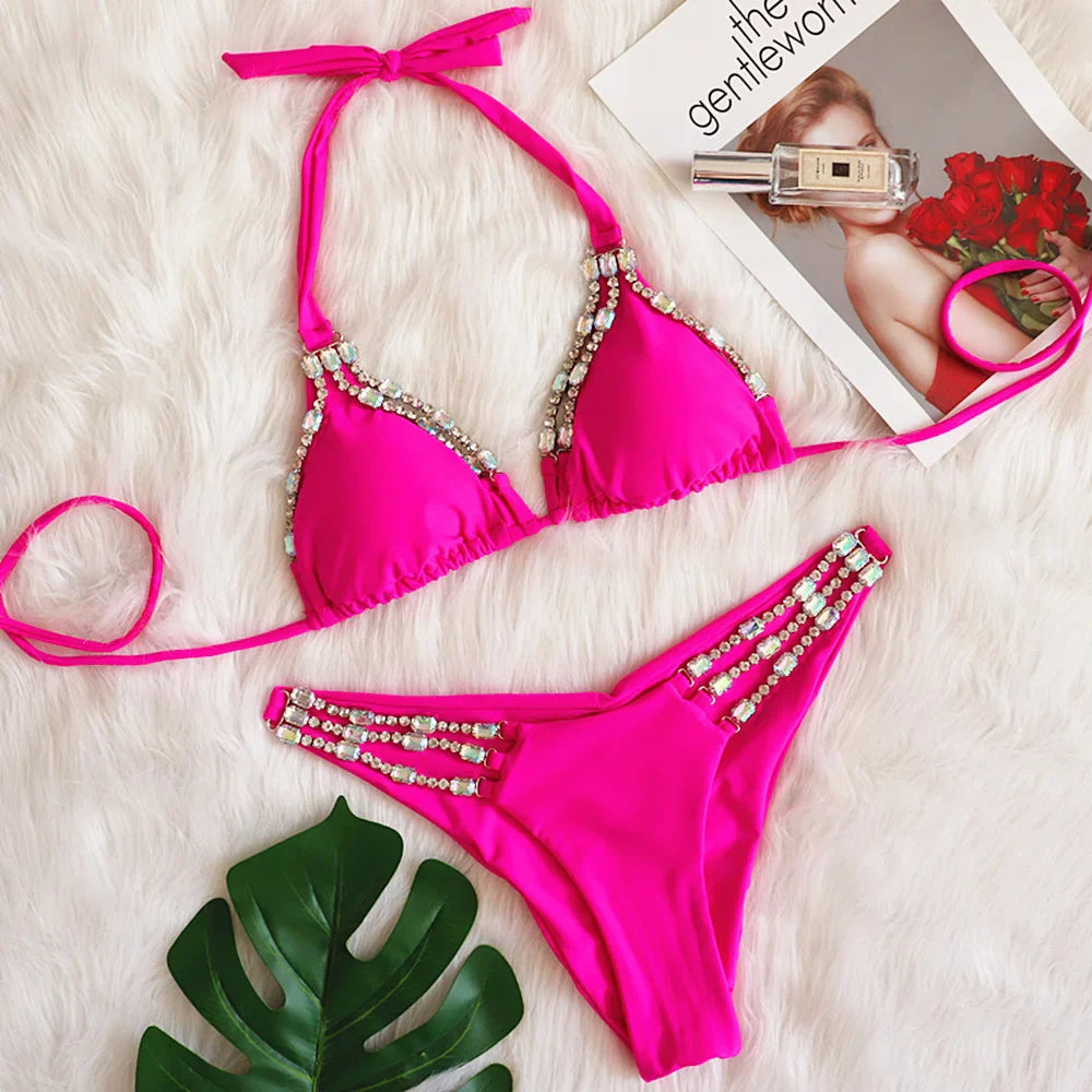 Zikini Color 2024 Sexy Metal Solid Swimsuit Color String Bikini Women – Oatat