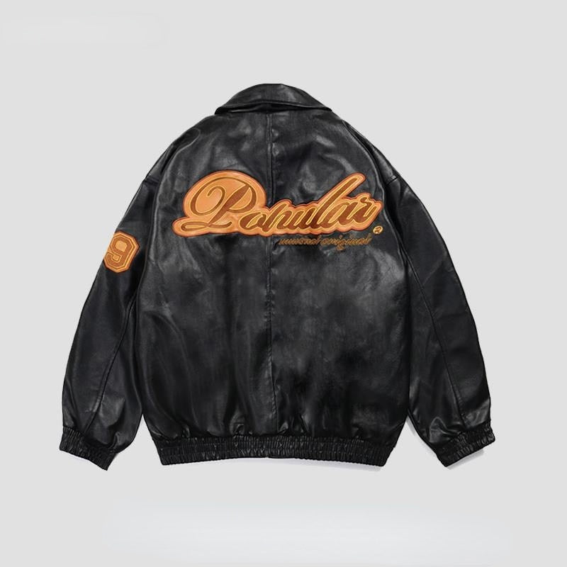 Women's Retro Y2K American Style Synthetic Leather Jacket with Letter Embroidery Design