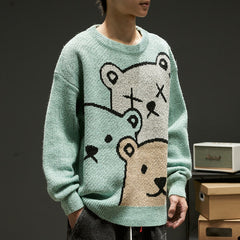 Men Winter Cartoon Bear Sweater Cozy Knitted Pullover with Long Sleeves