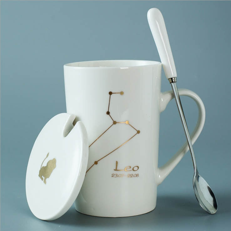 Ceramic Mugs Constellations Creative Glass with Spoon Lid Black and Gold Porcelain