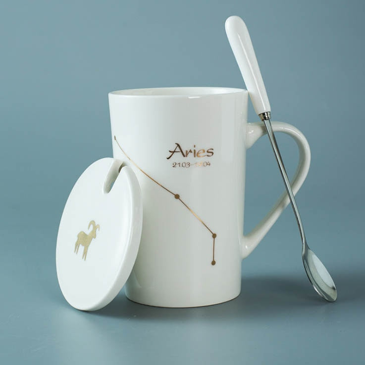 Ceramic Mugs Constellations Creative Glass with Spoon Lid Black and Gold Porcelain