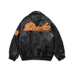 Women's Retro Y2K American Style Synthetic Leather Jacket with Letter Embroidery Design