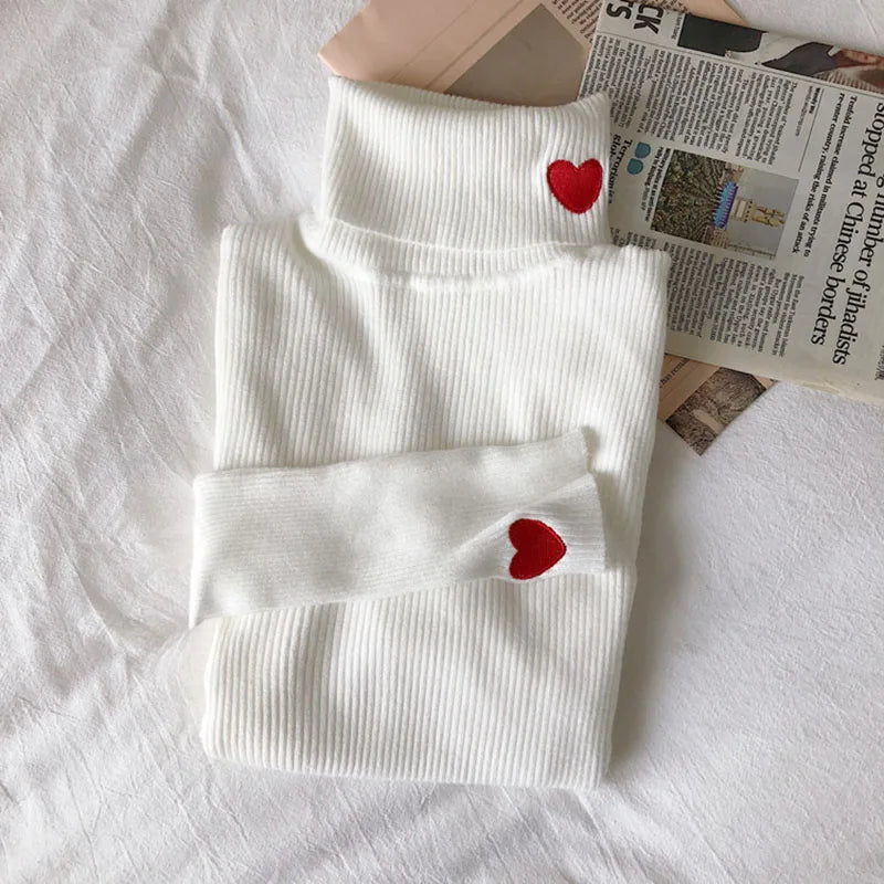 Women's Pullovers Heart Embroidery Turtleneck Sweater Tops