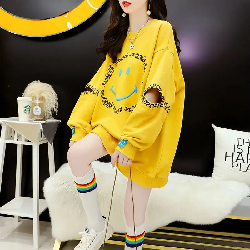 Autumn New Smile Letter Print Loose Long Sleeved oversized Sweatshirt Fall Clothes